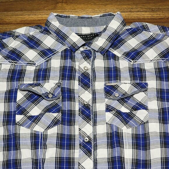 Marc Ecko Cut & Sew SS Blue & White Plaid Pearl Snaps Western Shirt - Size 2XL - Picture 2 of 5
